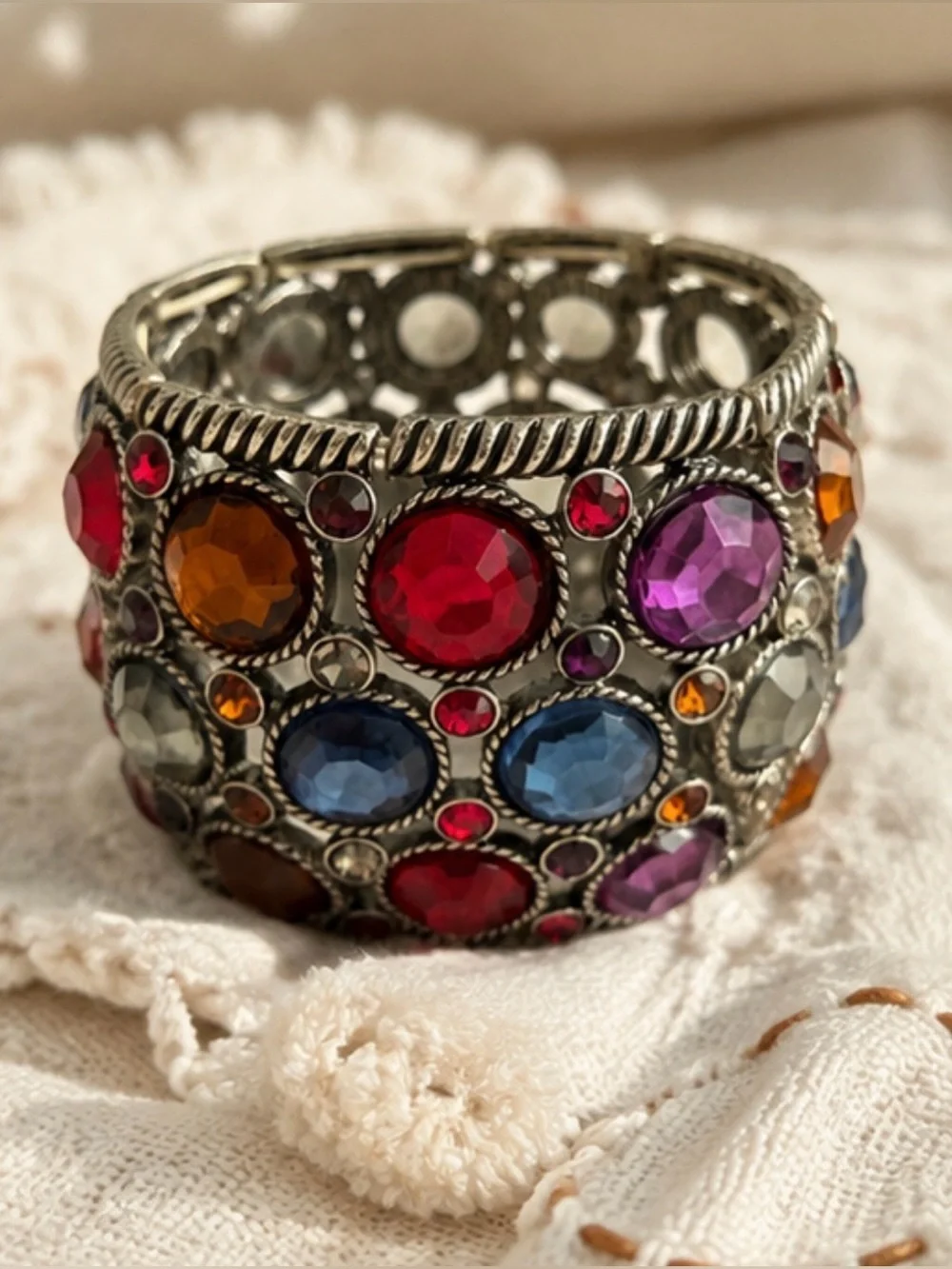 Boho Statement Stretch Cuff Bracelet | Multicolor Crystal Mosaic | Wide